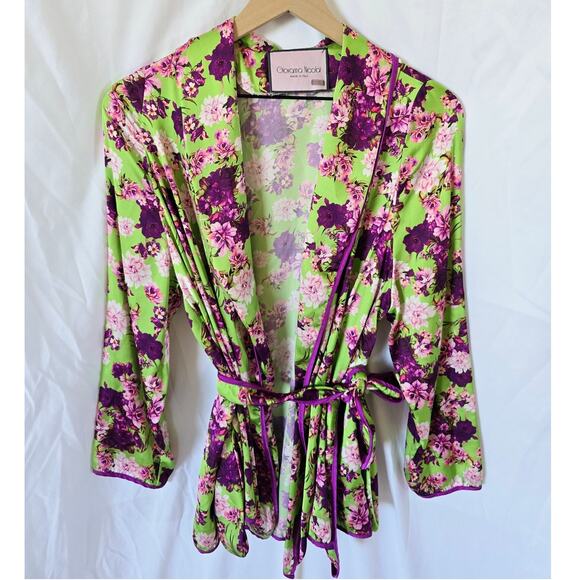 Giovanna Nicolai Green Purple Floral Satin Wrap Tie Top Blouse Sz 46/L - Picture 3 of 6